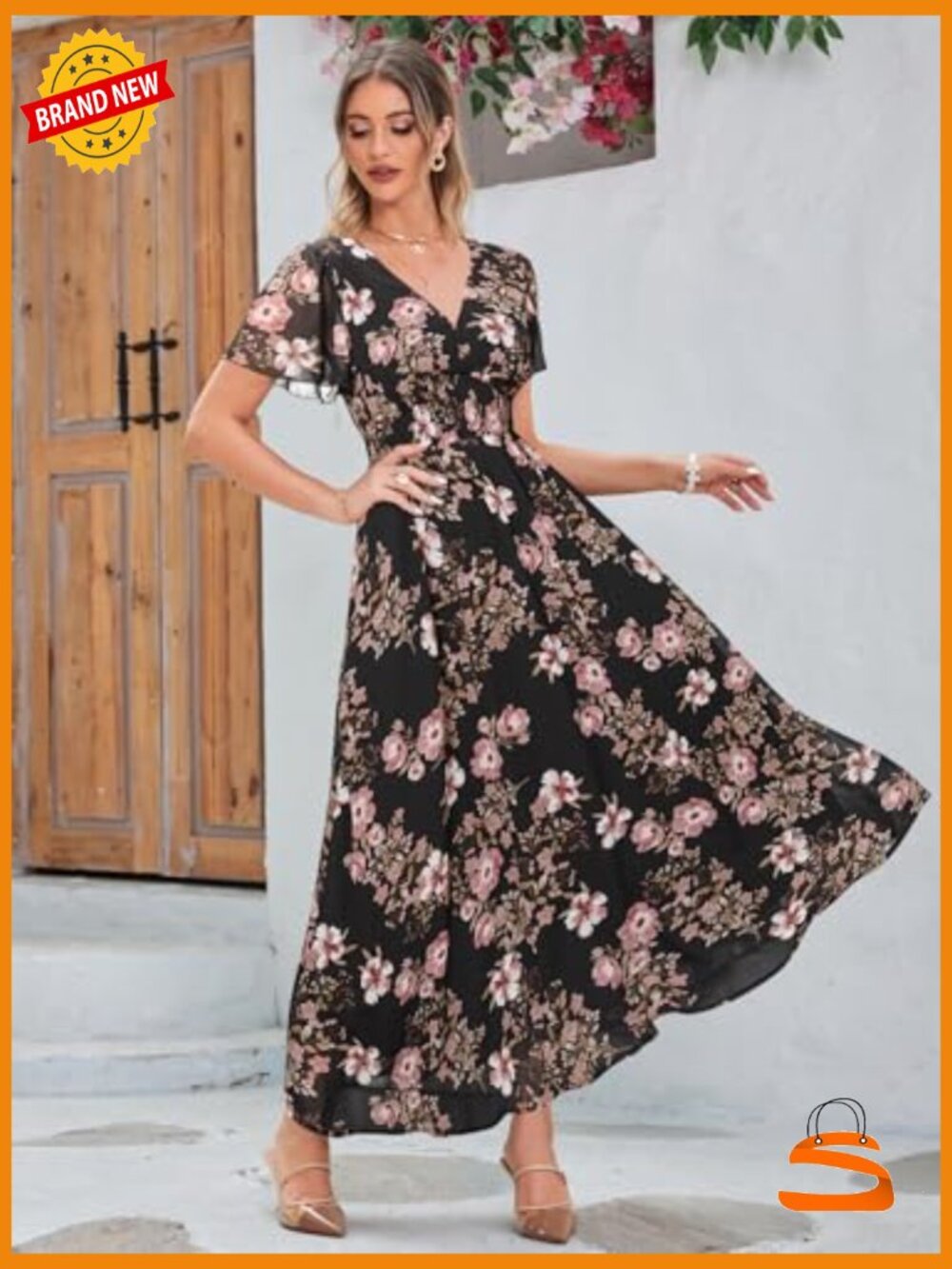 Boho Floral Maxi Dress Flowy V-Neck Short Sleeve Casual Wedding Guest - Picture 3 of 5